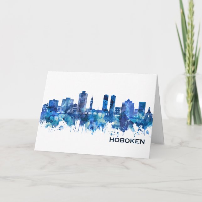 Hoboken New Jersey Skyline Blue Holiday Card (Front)