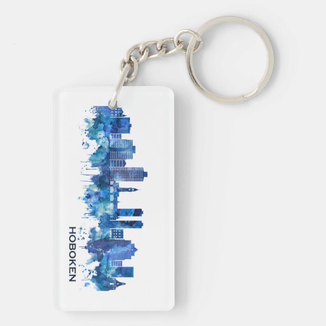 Hoboken New Jersey Skyline Blue Key Ring (Back)