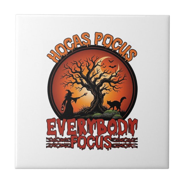 Hocas Pocus Everybody Focus Spooky Tree Witch Cat Ceramic Tile (Front)