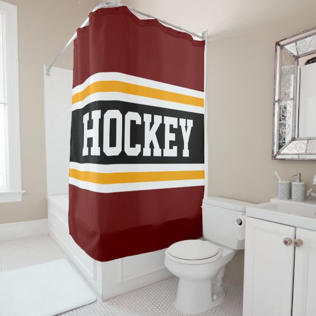 HOCKEY Athletic Bold Red Black Yellow Stripes Shower Curtain (In Situ)