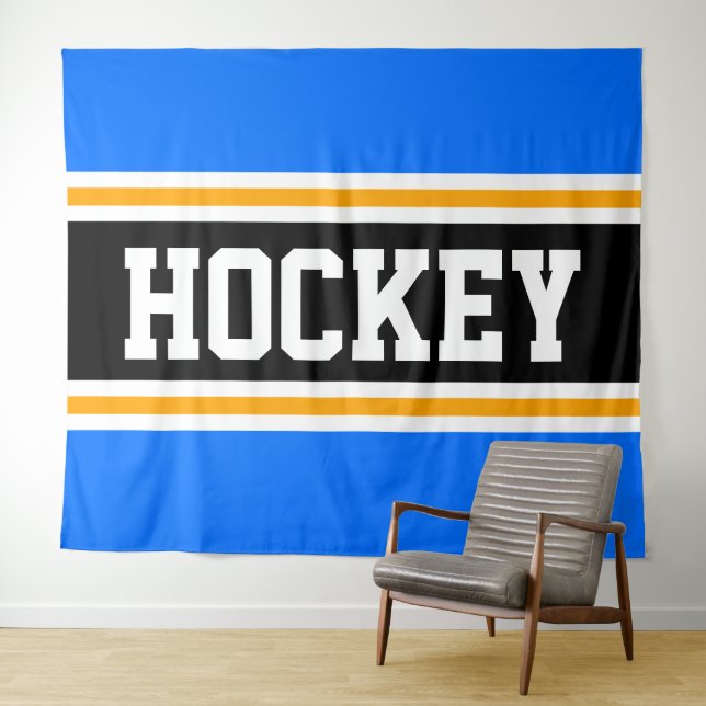 HOCKEY Athletic Bright Blue Black Yellow Stripes Tapestry (In Situ (Horizontal))