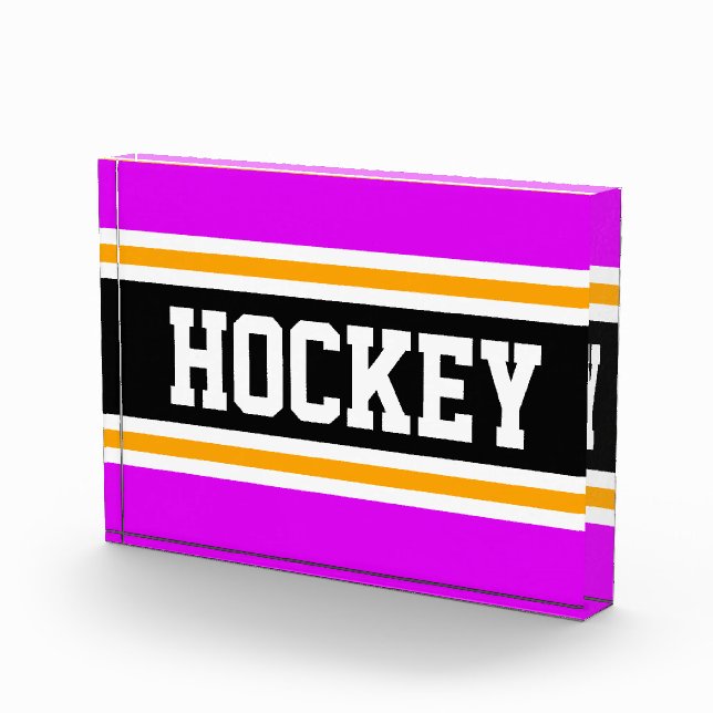 HOCKEY Athletic Bright Pink Black Yellow Stripes Photo Block (Right)