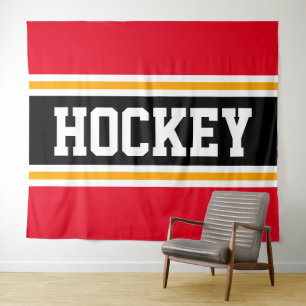 HOCKEY Athletic Bright Red Black Yellow Stripes Tapestry