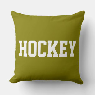 HOCKEY Athletic White Text On Chic Golden Olive Cushion