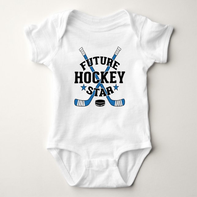 Hockey Baby Future Hockey Star Blue Hockey Sticks Baby Bodysuit (Front)