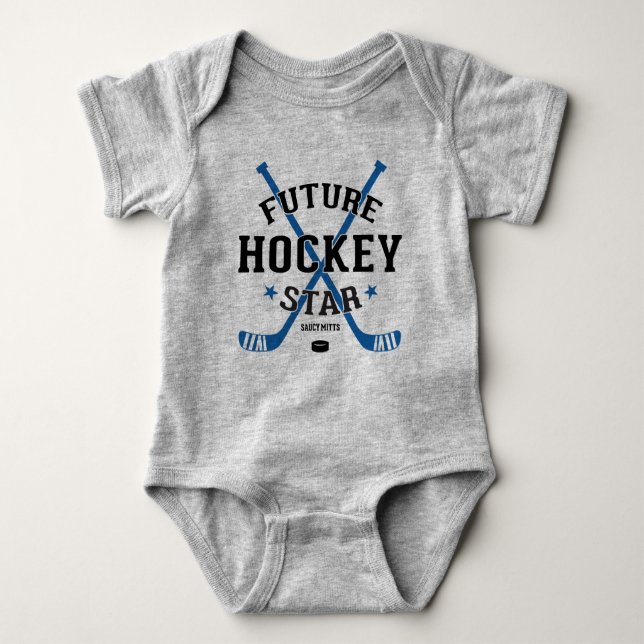 Hockey Baby Future Hockey Star Blue Sticks Puck Bodysuit (Front)