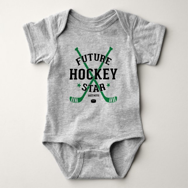 Hockey Baby Future Hockey Star Green Sticks Puck Baby Bodysuit (Front)