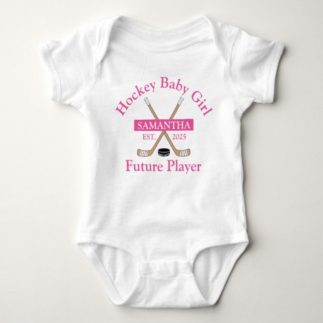 Hockey Baby Girl Future Player PInk Name Year Born Baby Bodysuit (Front)