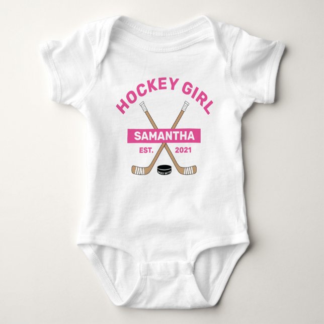 Hockey Baby Girl Pink Name Year Born Baby Bodysuit (Front)