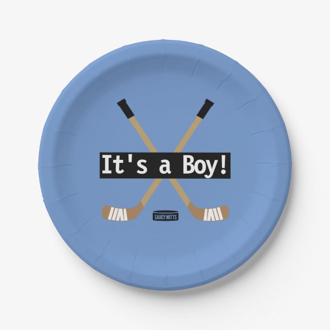 Hockey Baby It's a Boy Blue Hockey Sticks Paper Plate (Front)