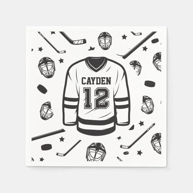 Hockey black and White 12th Birthday Napkin (Front)