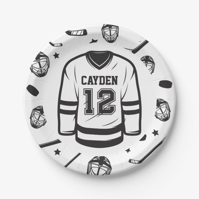 Hockey black and White 12th Birthday Paper Plate (Front)