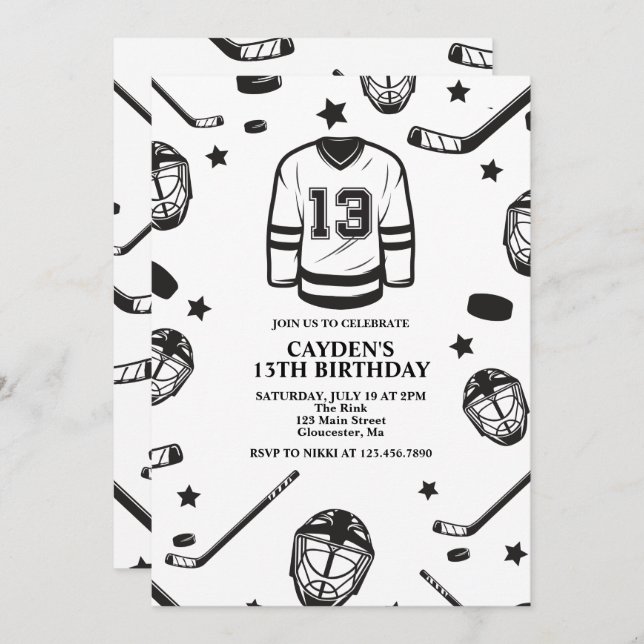 Hockey black and White 13th Birthday Invitation (Front/Back)