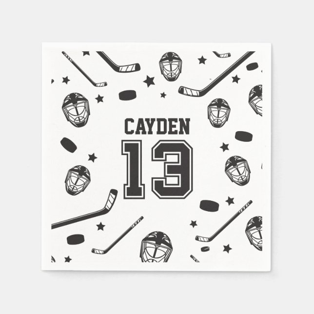 Hockey black and White 13th Birthday Napkin (Front)