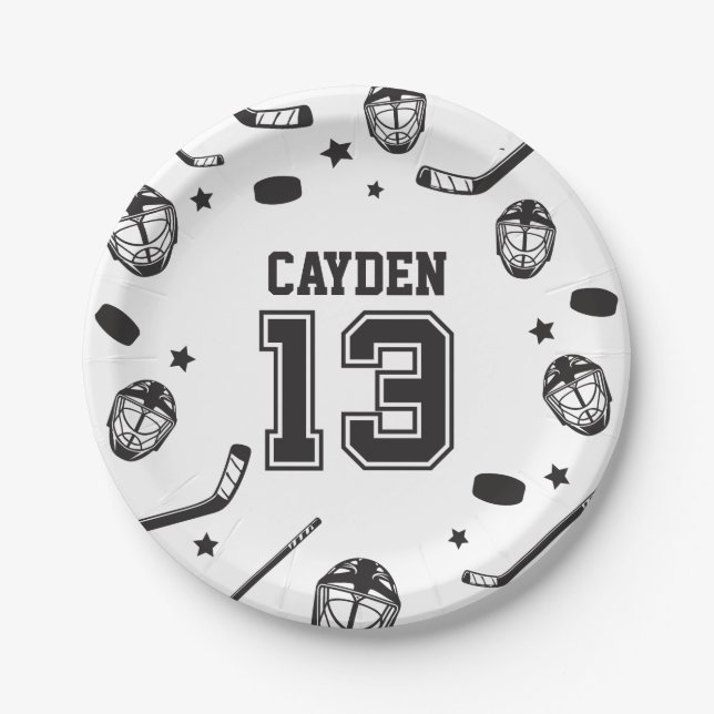 Hockey black and White 13th Birthday Paper Plate (Front)