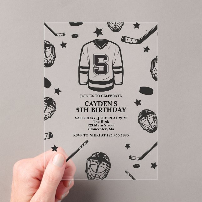 Hockey black and White 5th Birthday Acrylic Invitations (Insitu (Handheld))