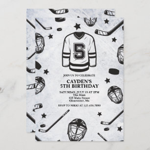 Hockey black and White 5th Birthday Invitation