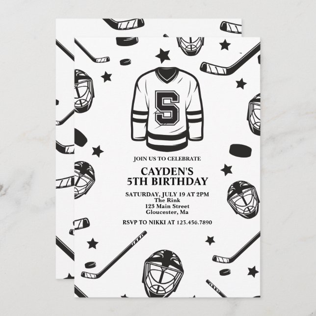 Hockey black and White 5th Birthday Invitation (Front/Back)