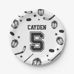 Hockey black and White 5th Birthday Paper Plate
