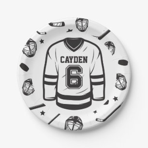 Hockey black and White 6th Birthday Paper Plate