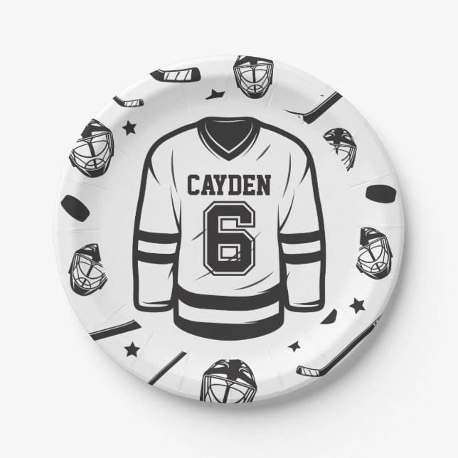 Hockey black and White 6th Birthday Paper Plate (Front)