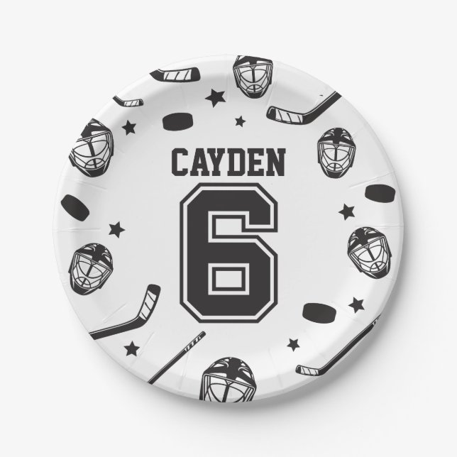 Hockey black and White 6th Birthday Paper Plate (Front)