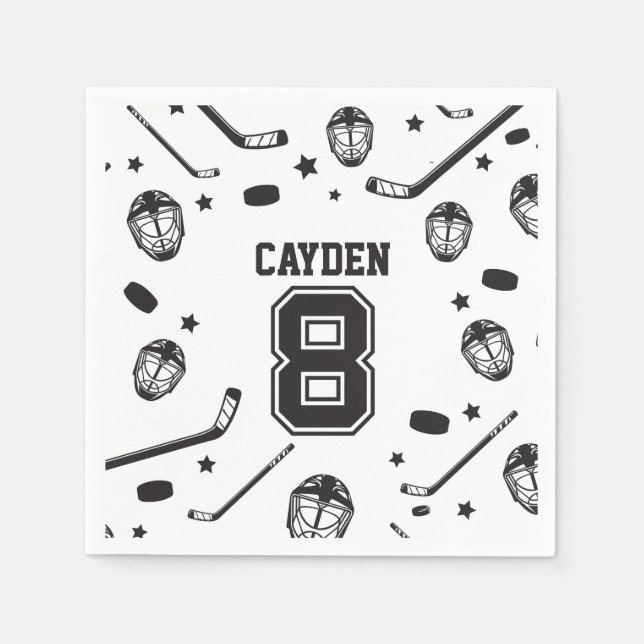 Hockey black and White 8th Birthday Napkin (Front)