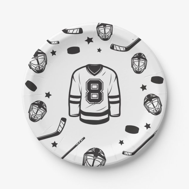 Hockey black and White 8th Birthday Paper Plate (Front)