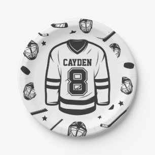 Hockey black and White 8th Birthday Paper Plate