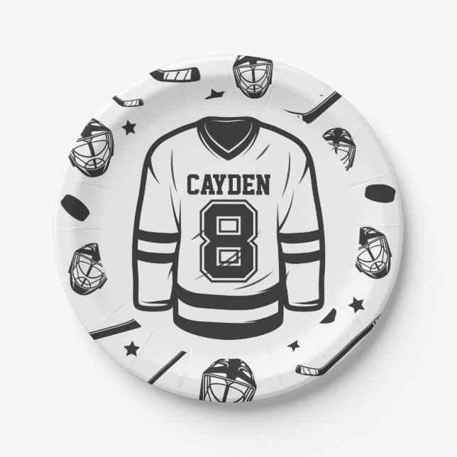 Hockey black and White 8th Birthday Paper Plate (Front)