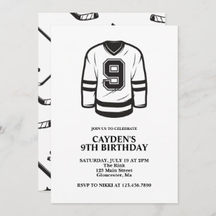 Hockey black and White 9th Birthday Invitation