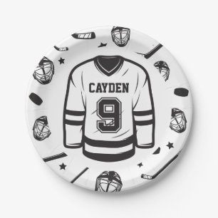 Hockey black and White 9th Birthday Paper Plate