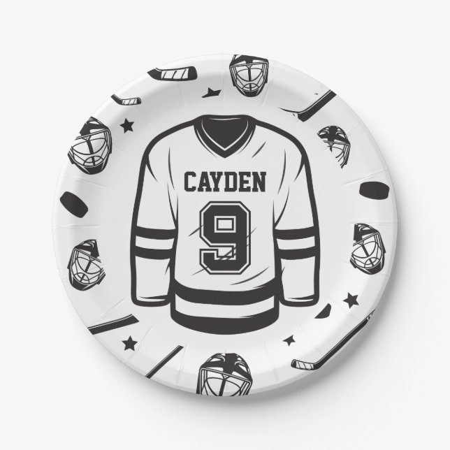 Hockey black and White 9th Birthday Paper Plate (Front)