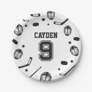 Hockey black and White 9th Birthday Paper Plate