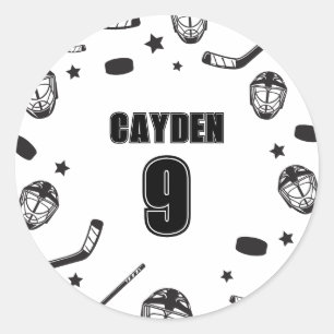 Hockey black and White Birthday Classic Round Sticker