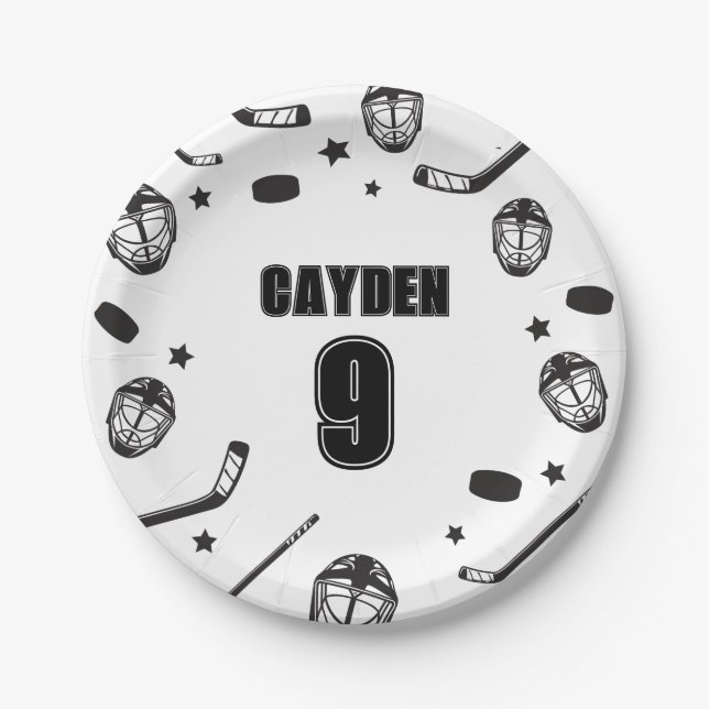 Hockey black and White Birthday Paper Plate (Front)