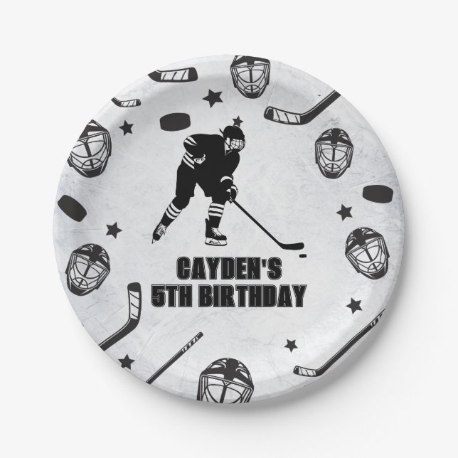 Hockey black and White Birthday Paper Plate (Front)