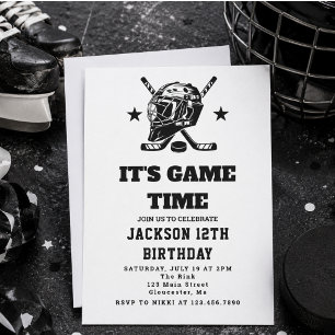 Hockey black and White Themed Kids Birthday Party Invitation