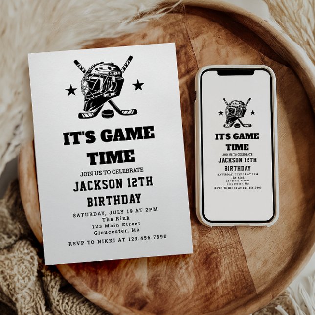 Hockey black and White Themed Kids Birthday Party Invitation (Creator Uploaded)