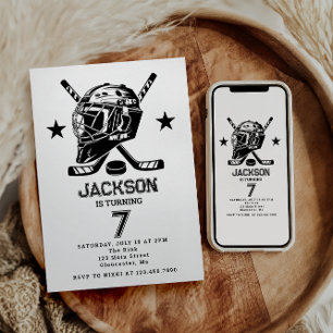 Hockey black and White Themed Kids Birthday Party Invitation