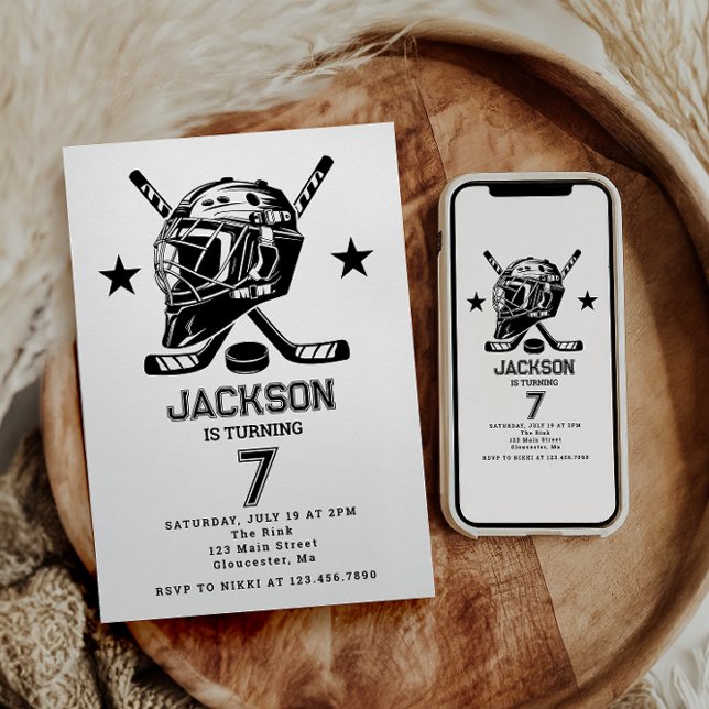 Hockey black and White Themed Kids Birthday Party Invitation (Creator Uploaded)