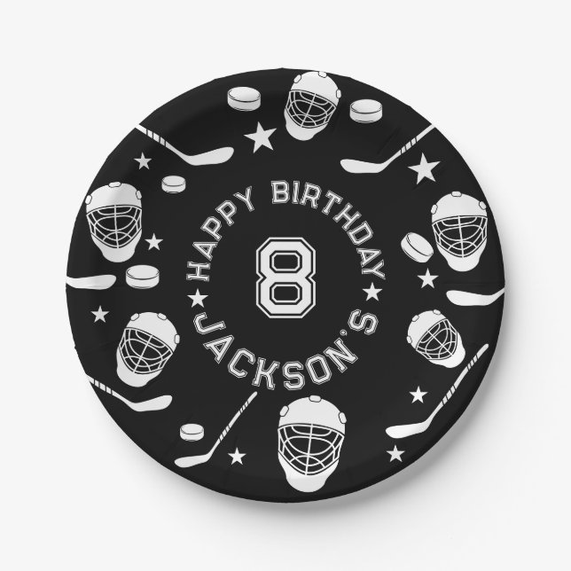 Hockey black and White Themed Kids Birthday Party Paper Plate (Front)