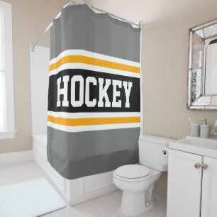 HOCKEY Bold Athletic Grey Black Yellow Stripes Shower Curtain