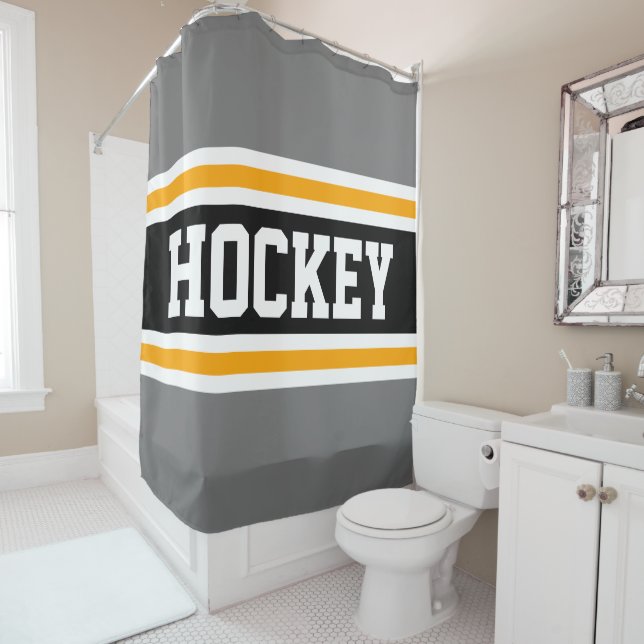 HOCKEY Bold Athletic Grey Black Yellow Stripes Shower Curtain (In Situ)