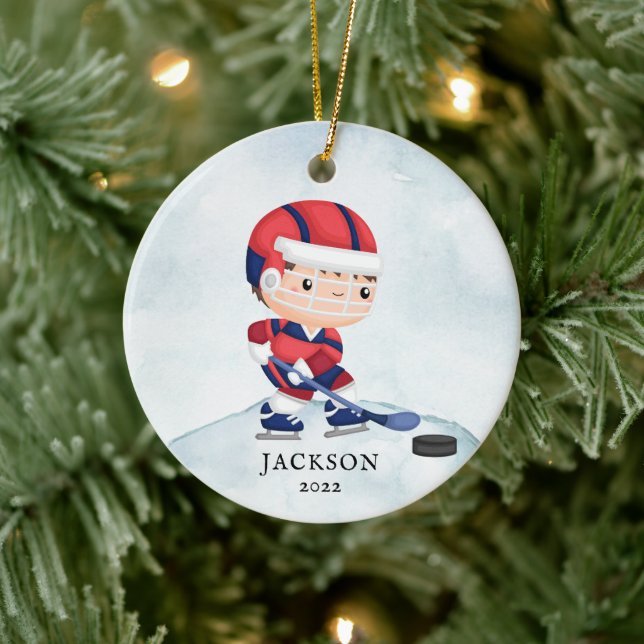 Hockey Boy Personalised Christmas Ceramic Ornament (Tree)