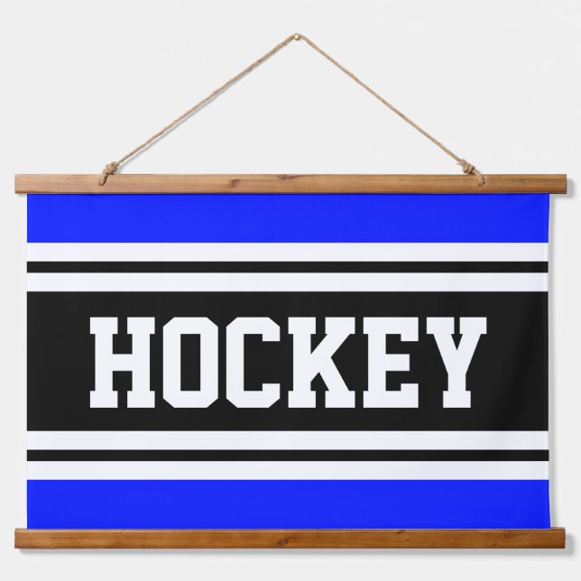 HOCKEY Bright Blue Black White Racing Stripes Hanging Tapestry (Front)