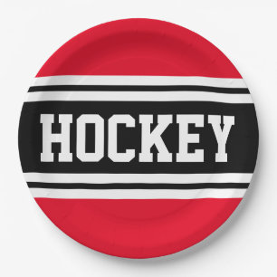 HOCKEY Bright Red Black White Racing Stripes Paper Plate