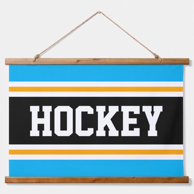 HOCKEY Bright Sky Blue Black White Yellow Stripes Hanging Tapestry (Front)