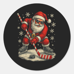Hockey Christmas Funny Santa Playing Ice Hockey Xm Classic Round Sticker