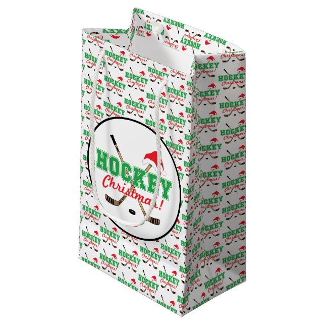 Hockey Christmas Hockey Sticks and Santa Hat Small Gift Bag (Front Angled)